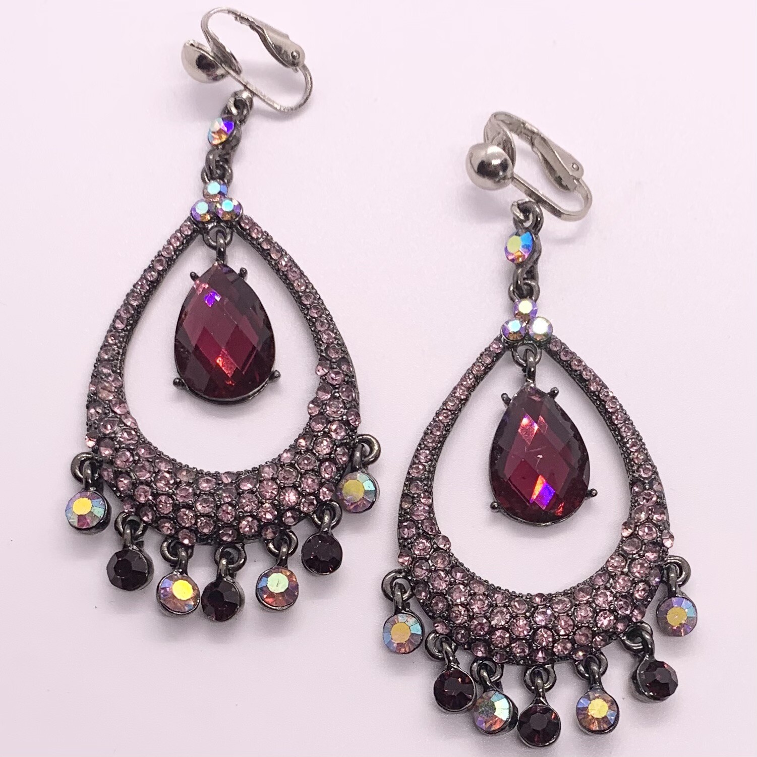 VTG PINK PURPLE PAVE CRYSTAL GUNMETAL BIG CHANDELIER HOOP EARRINGS DANGLE CLIPON
