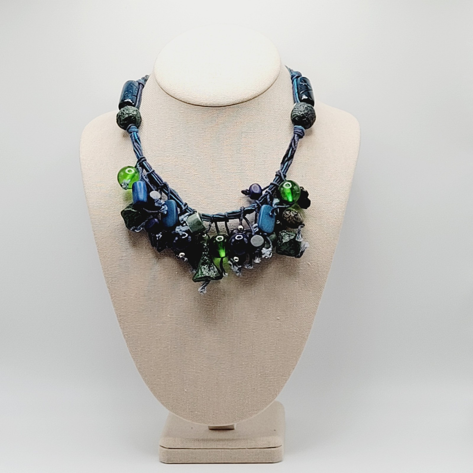 Eclectic Artsy Artisan Braided Cotton Mixed Material Beaded Vintage Necklace