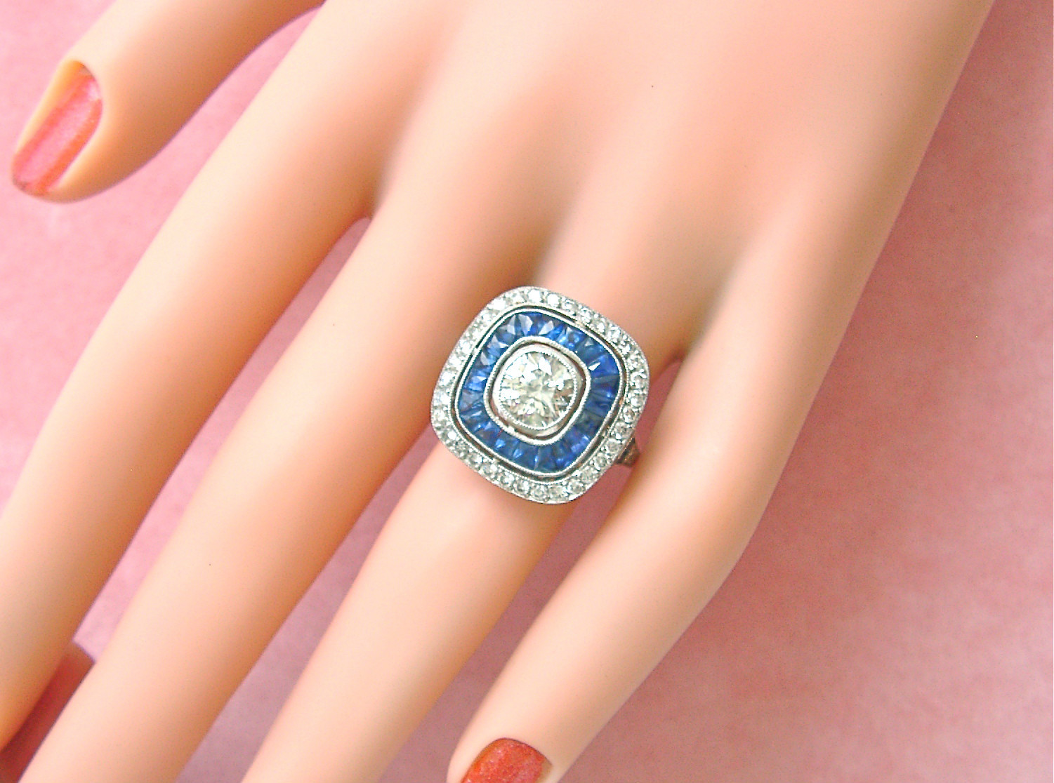 ART DECO 1.97ctw DIAMOND 1.2ctw SAPPHIRE HALO ENGAGEMENT CUSHION COCKTAIL RING