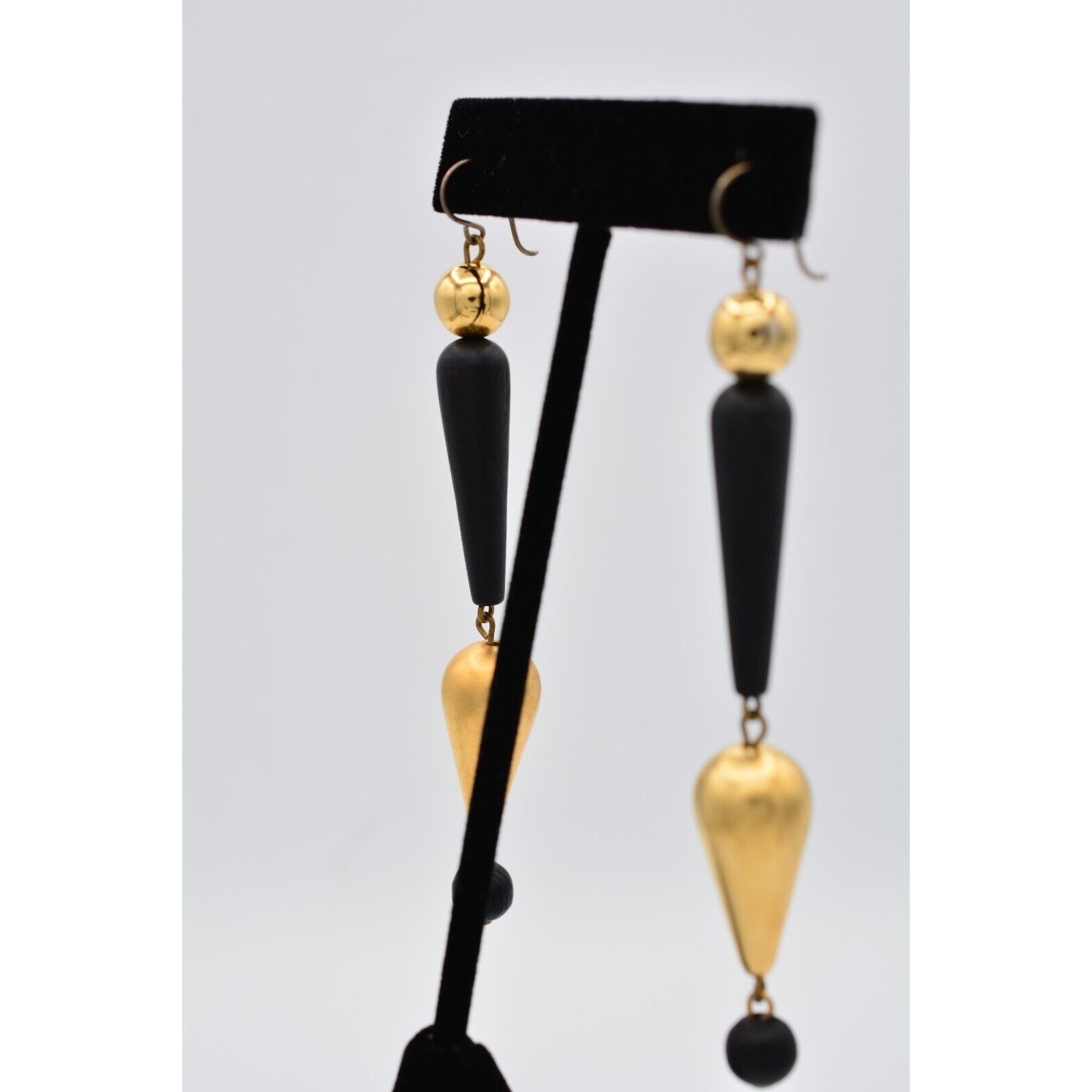 Vintage Dangle Earrings Black Beaded Brushed Gold Matte Drop Chunky 1990s BinAV