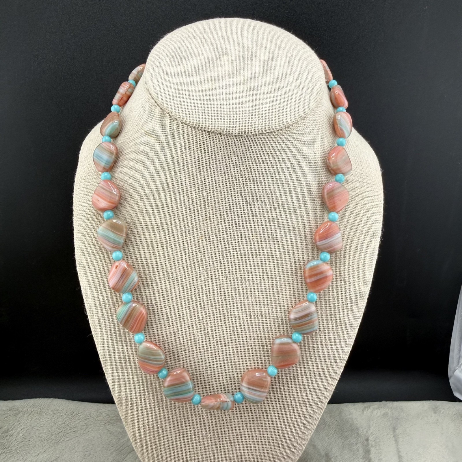 Vintage Polished Stone Necklace Pink Blue Sunrise Beaded 19”
