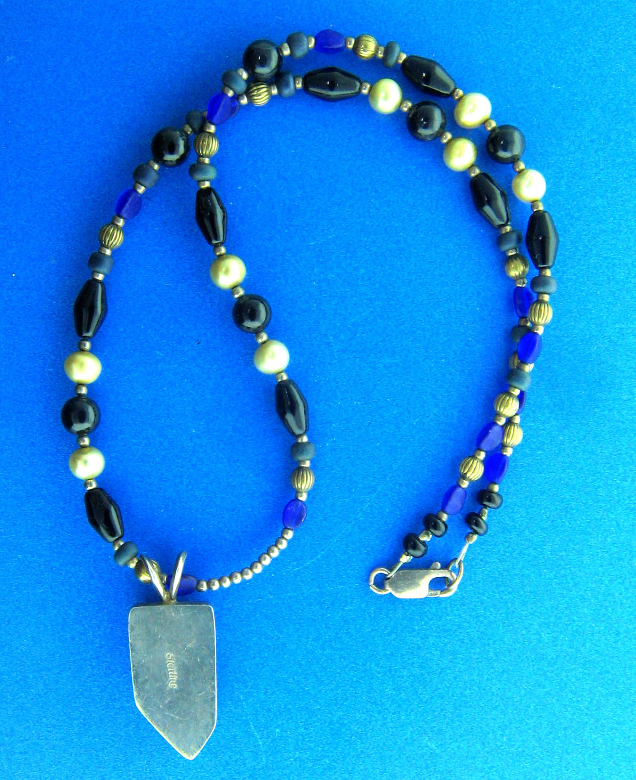 Vintage Sterling Silver Foiled Glass Pendant Blue Glass Bead Necklace 16.5