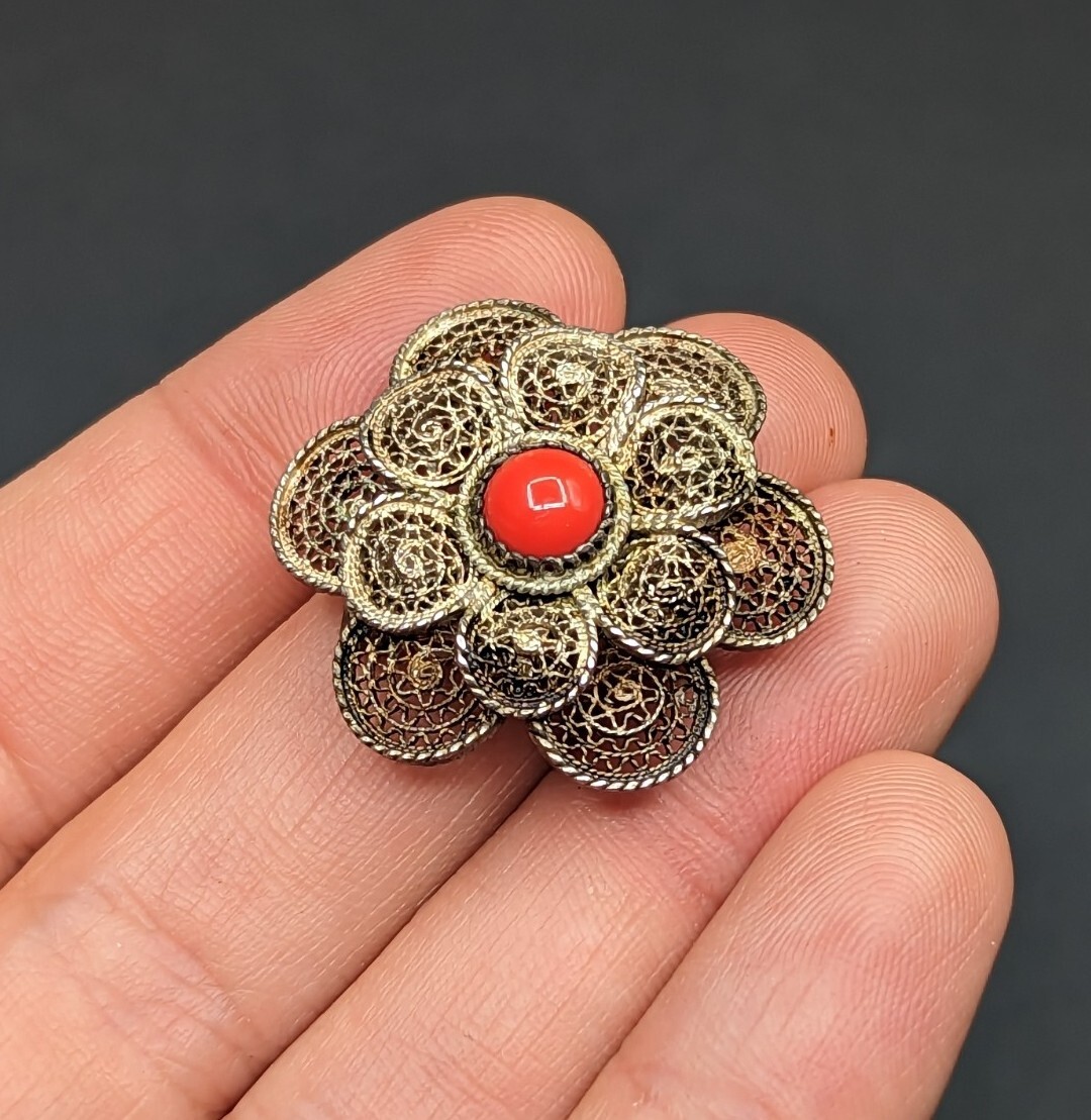 Vtg Sterling Silver Cannetille Filigree Flower Red Brooch Pin Pendant C-Clasp