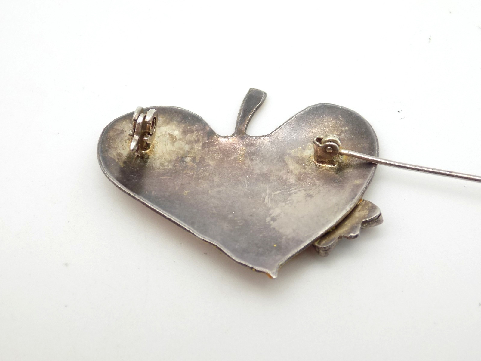 Artisan Sterling Silver Purple Orange Enamel Leaf Brooch Amethyst Bug