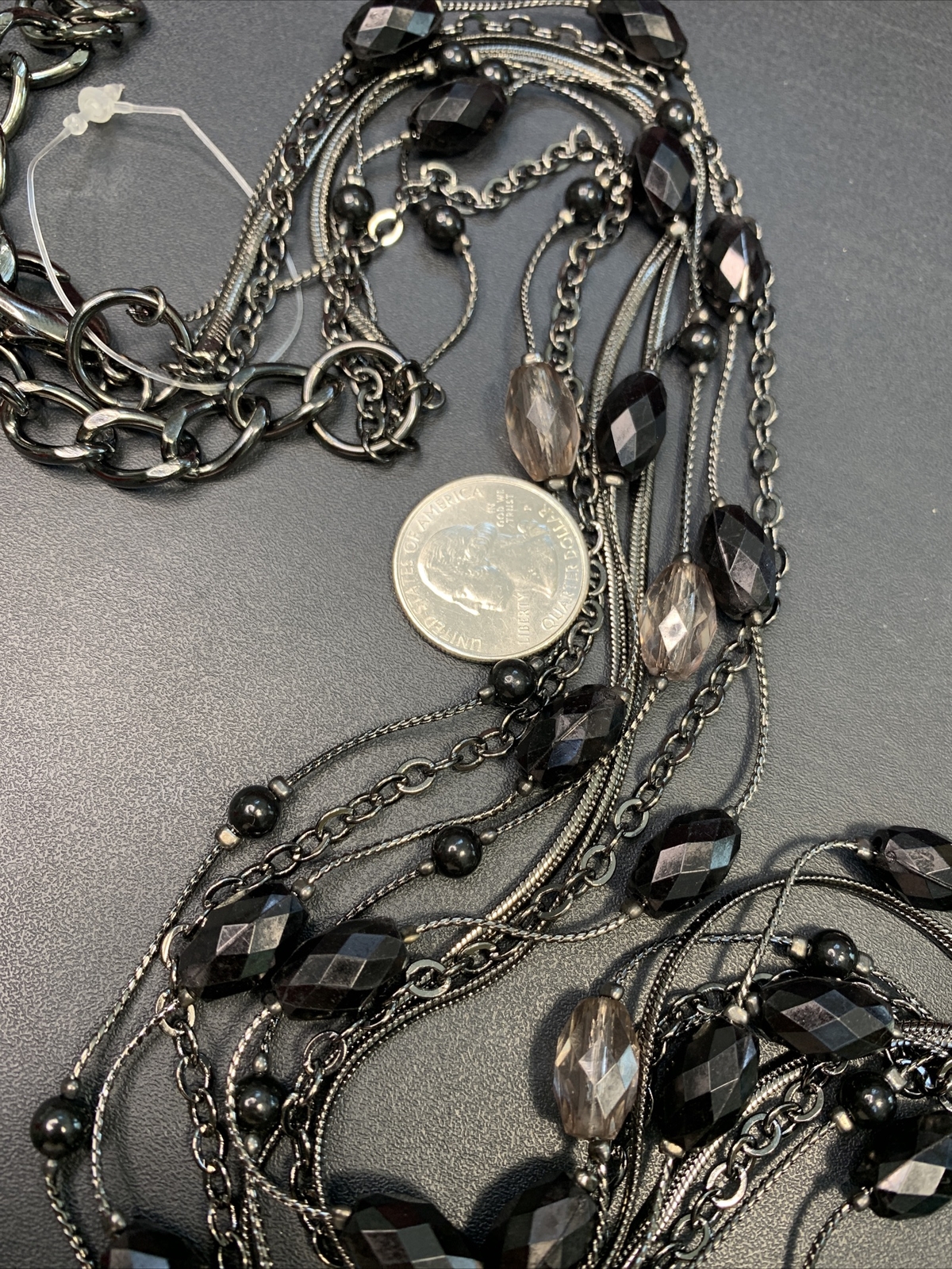 Black beaded long sweater necklace gunmetal gray￼necklace 40” 4 Strand