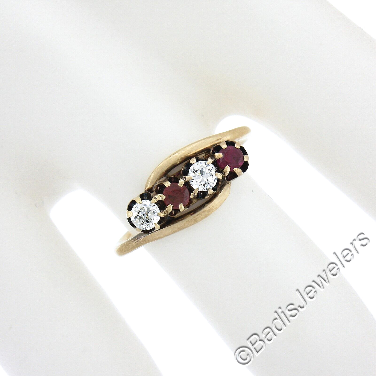 Antique Victorian 14k Gold Buttercup Lab Created Ruby 0.20ctw Diamond Band Ring