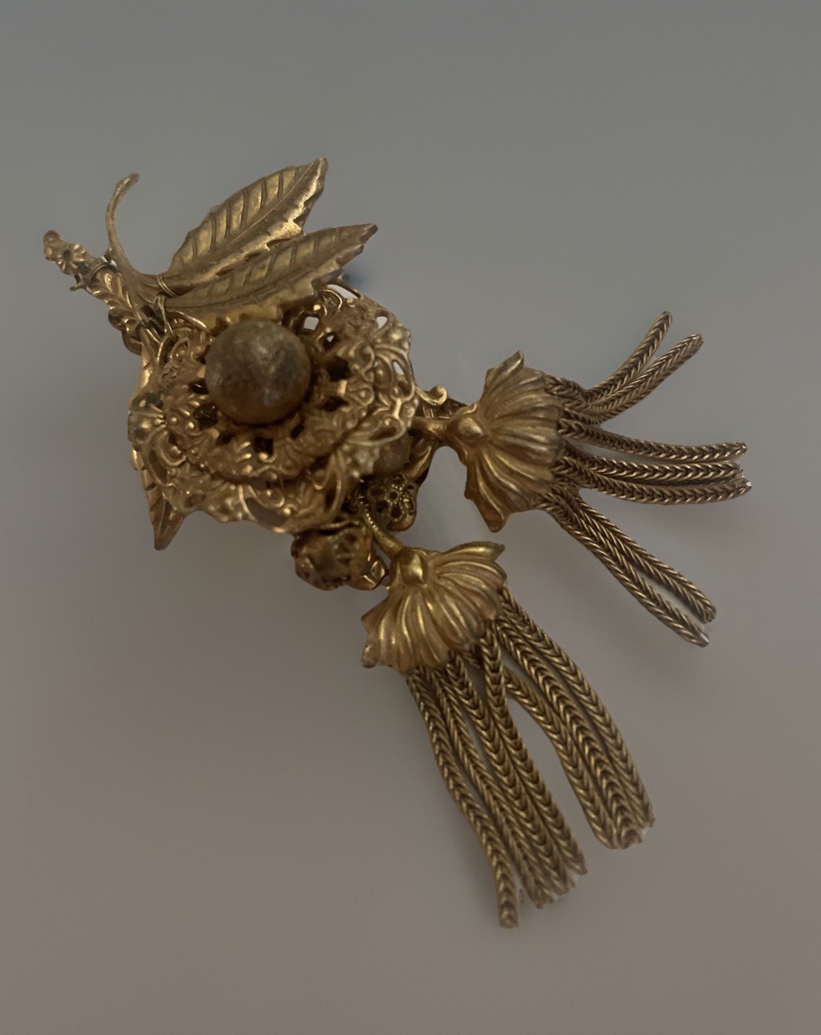 Vintage Signed Miriam Haskell Dangling Tassels GoldTone Brooch S04