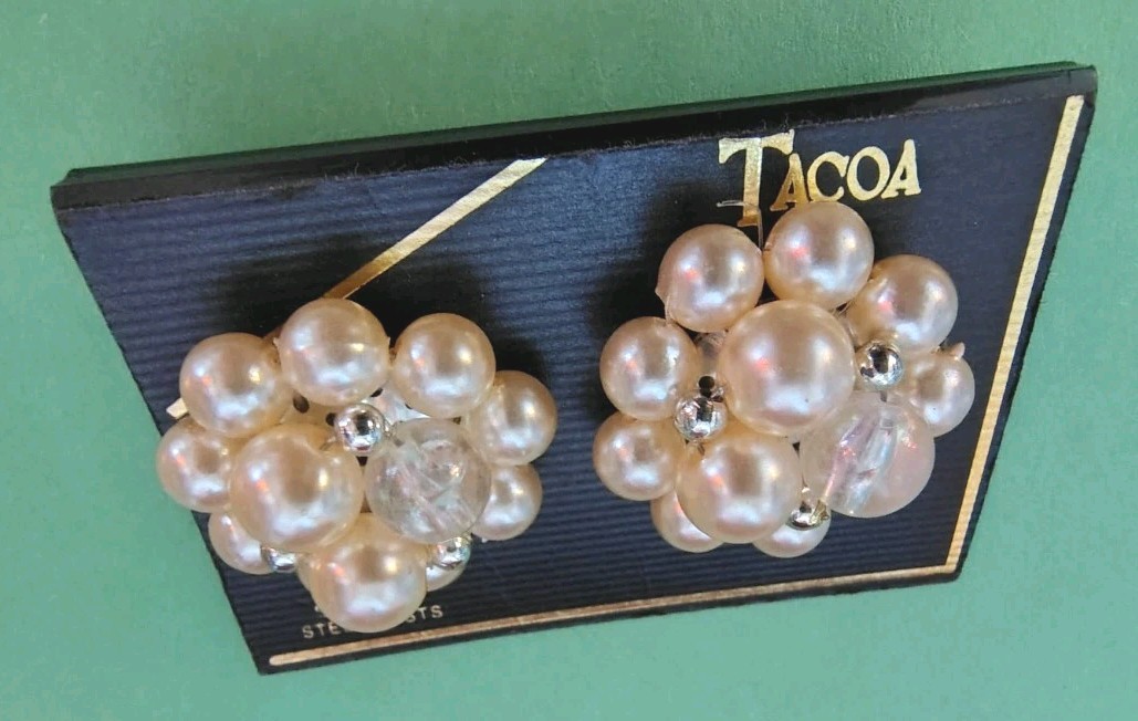 Vintage TACOA Pearl & CLEAR Acrylic Earrings in Silver Tone