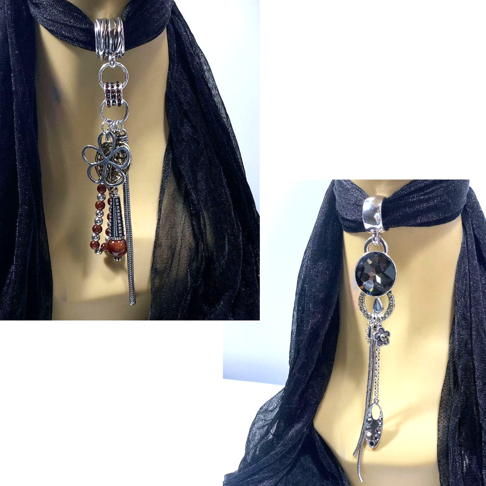 Tiger Eye Smoky Quartz Scarf Slider Necklace Pendants Set of 2 Large 6″ Manual
