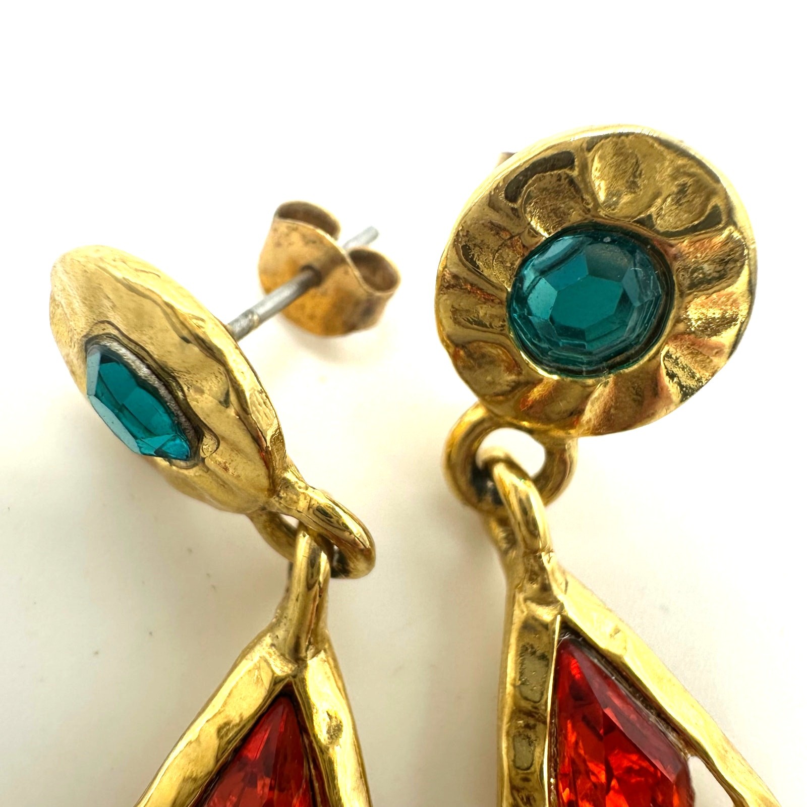 Vintage 1990s gold tone multicolor rhinestones dangle drop post earrings