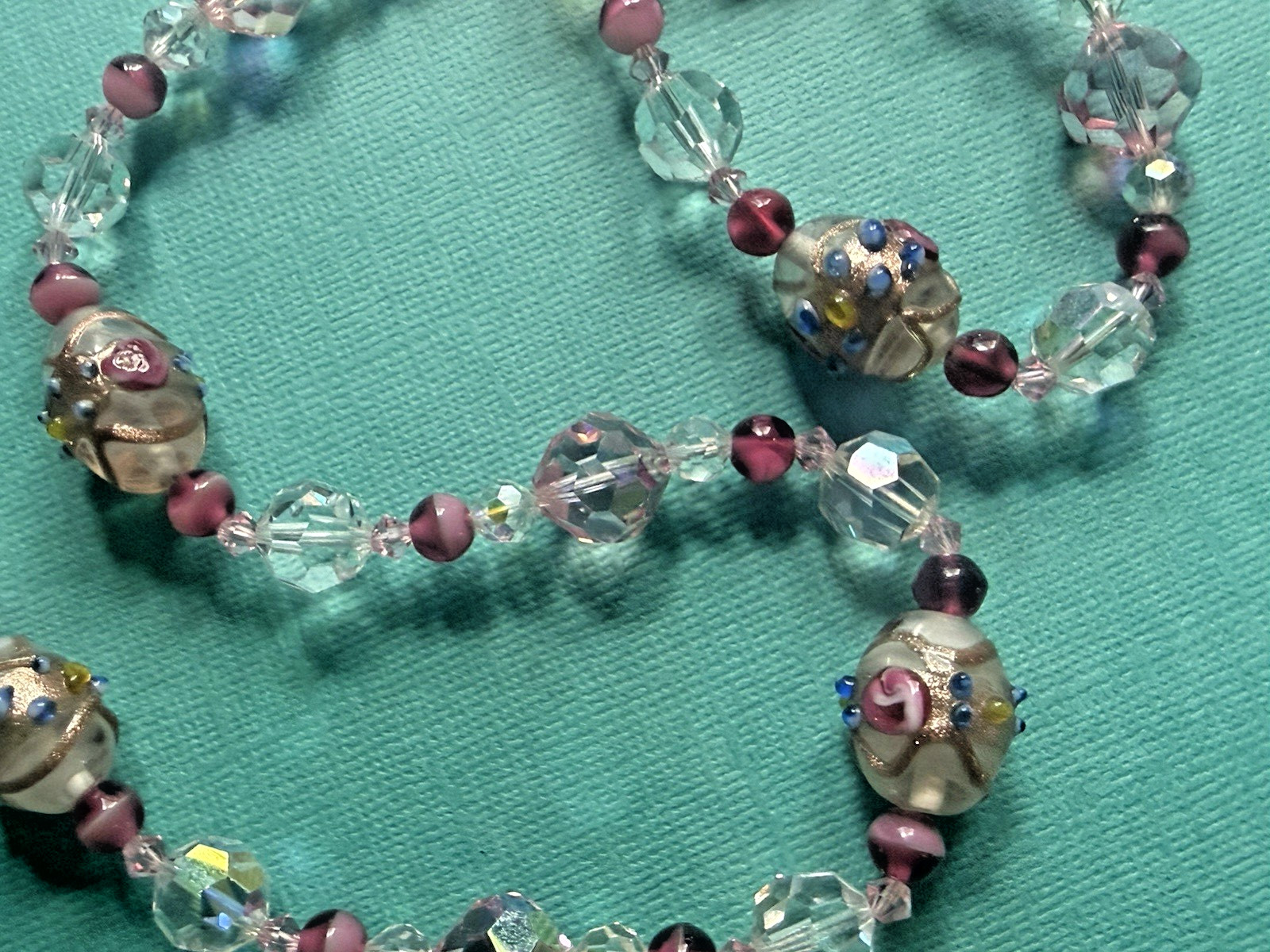 Vintage Venetian Wedding Cake Pink Glass Faceted Crystal Beads Long 31″ Necklace