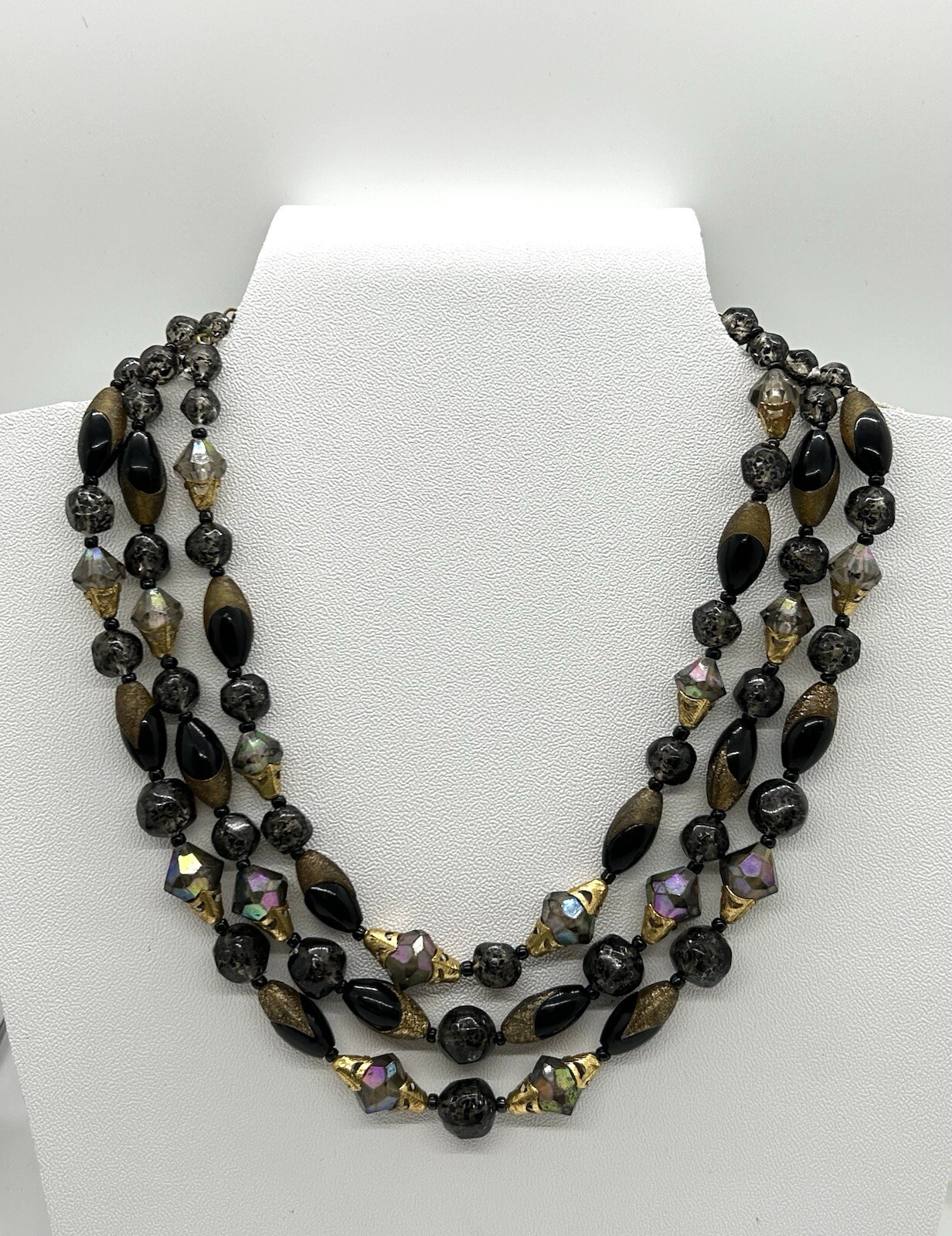 Vintage W.Germany 3 Strand Black And Gold Tone Beads Necklace Adjustable 15-17in