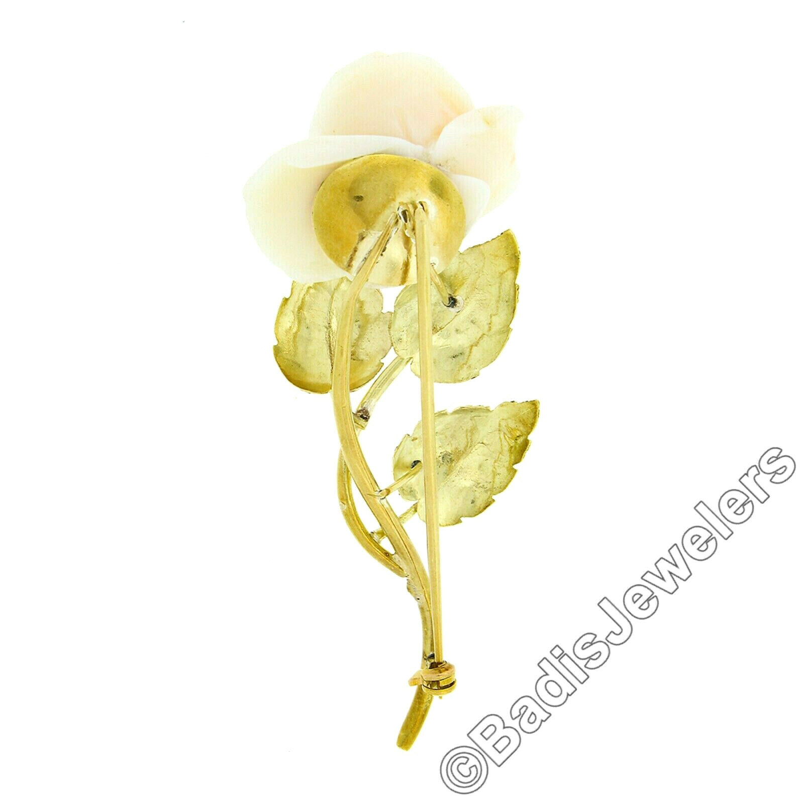 Vintage 18K Gold Carved Angel Skin Coral Rose Flower Hand Finish Leaves Brooch