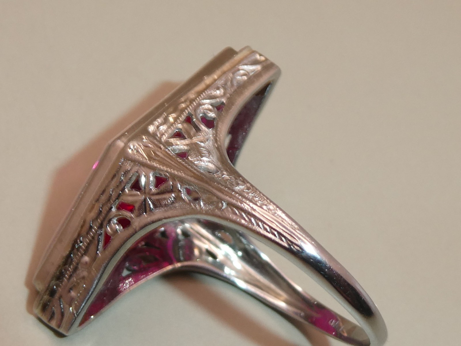 Antique Lozenge Shape of Period Syn. Ruby 18k Filigree Ring Size 5.5. 5.8g L59