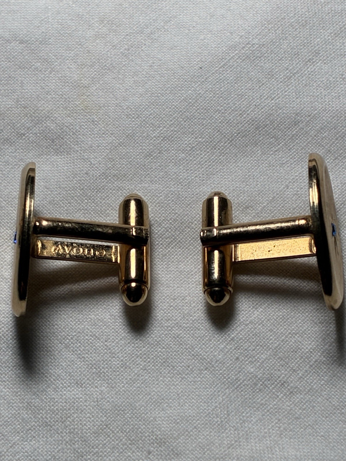 Vintage 1971 Avon Gold Tone Starburst Cufflinks Tie Bar Clip Set Blue Rhinestone