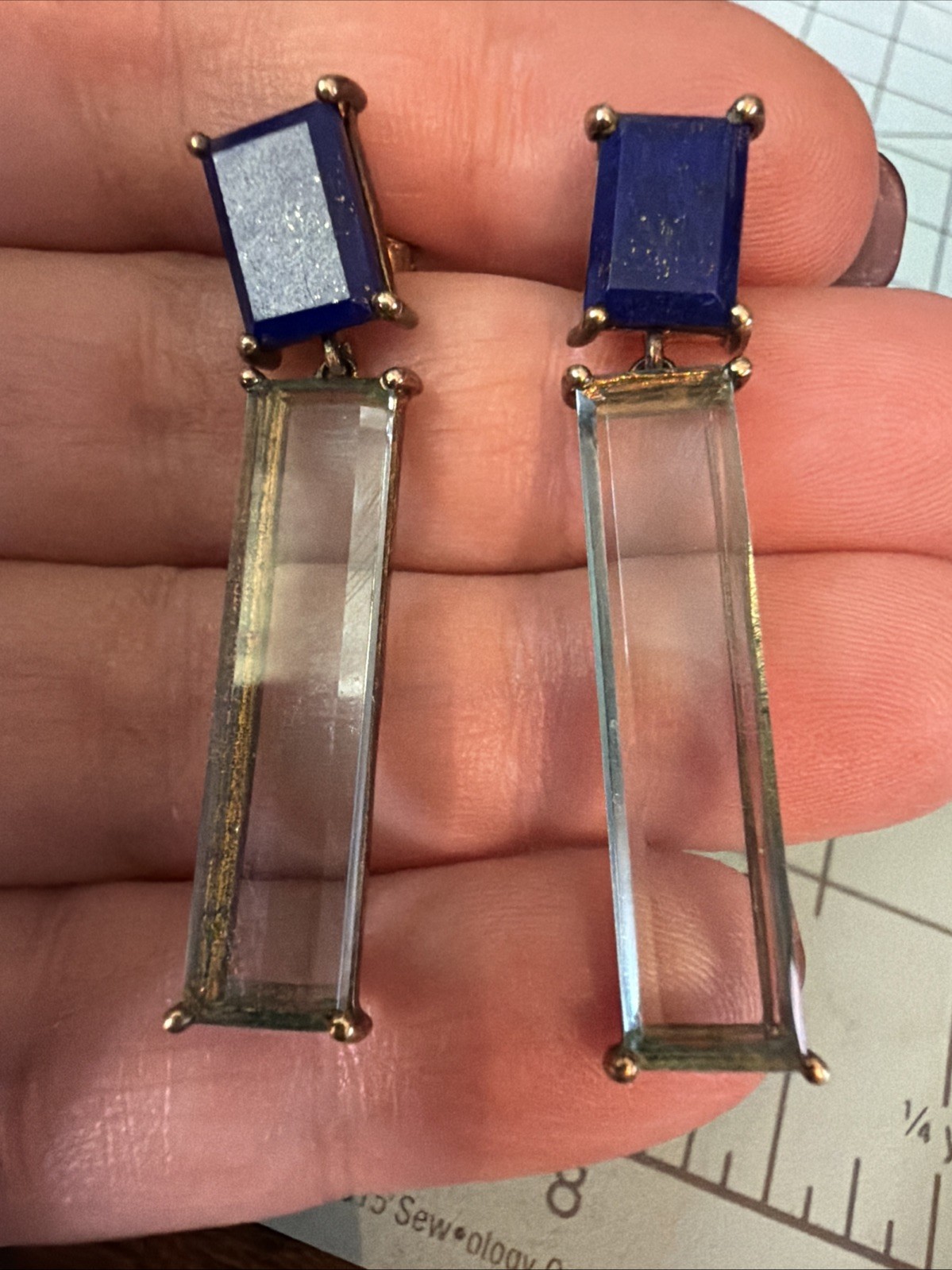 Vintage Sterling Silver w/ Gold Wash, Lapis, and Blue Glass Dangle Earrings