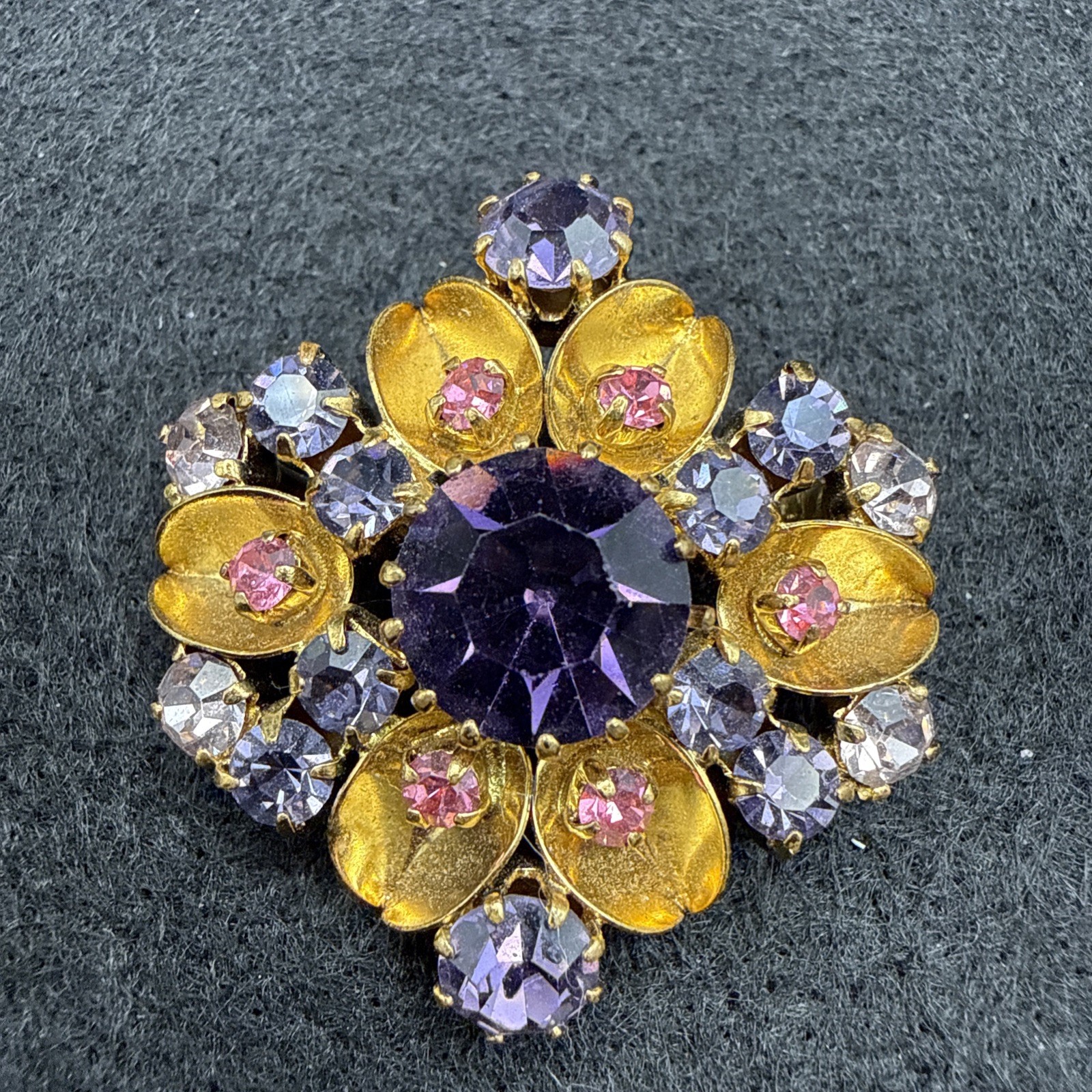 VINTAGE AUSTRIA SIGNED PURPLE AND BLUE RHINESTONE BROOCH