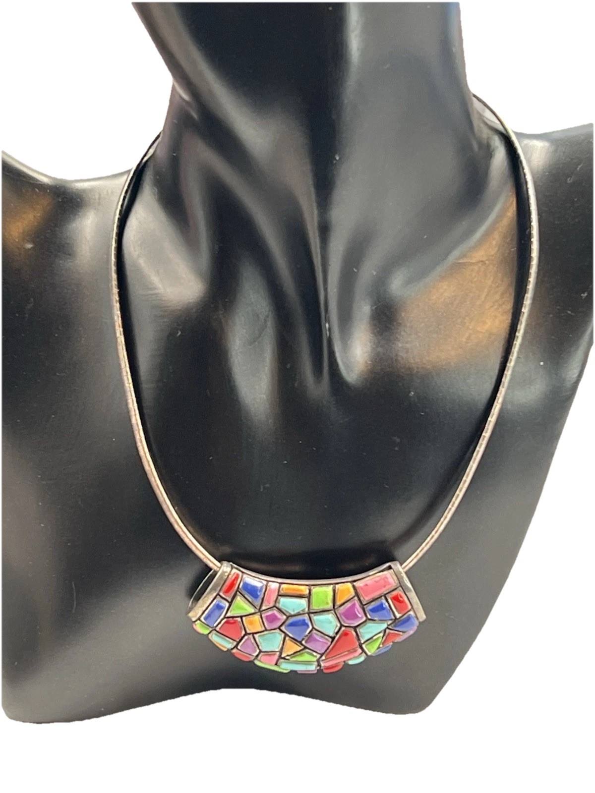 Sterling Silver Mosaic Pendant Necklace Multicolor Inlay Vintage