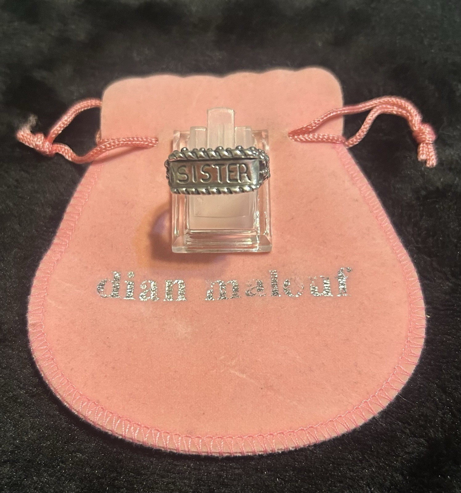 Vintage Dian Malouf “SISTER” Sterling Silver Ring Sz 10 With Original Pouch Bag