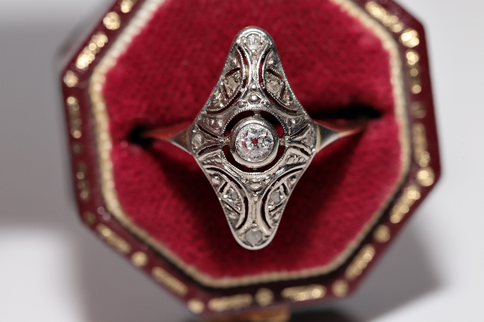 Antique Circa 1920s Art Deco 18k Gold Top Silver Natural Diamond Navette Ring