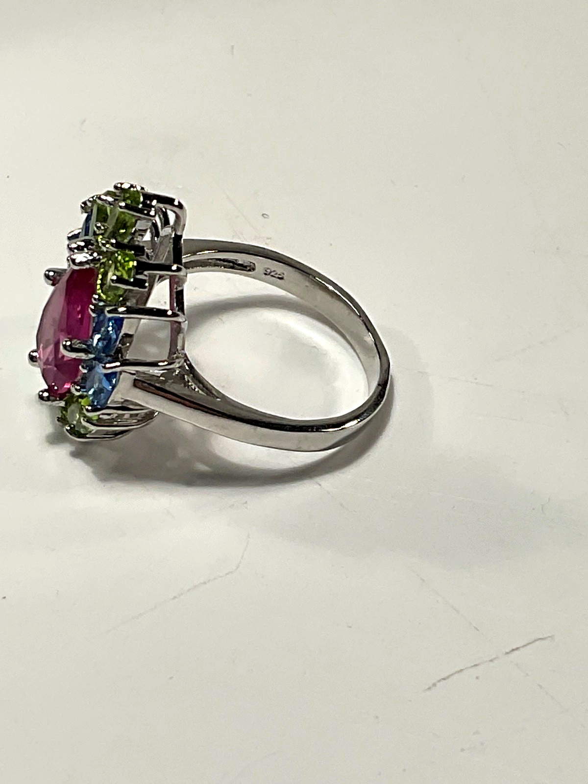 Ladies, Sterling Silver Pink w/ Multi Color Gemstones Ring, Size 8