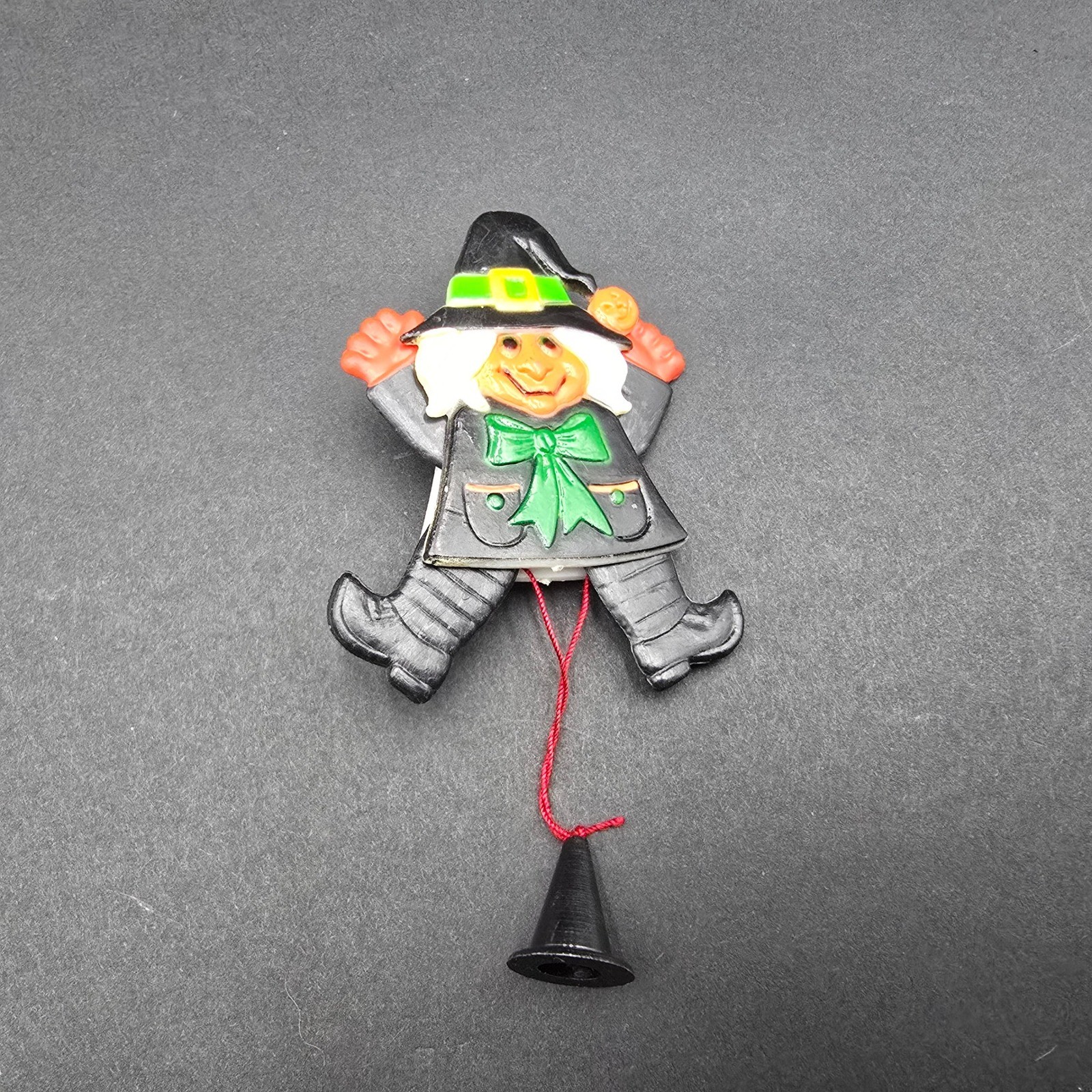 Vintage Fun World Halloween Witch Jumping Jack Pull String Brooch Pin Plastic