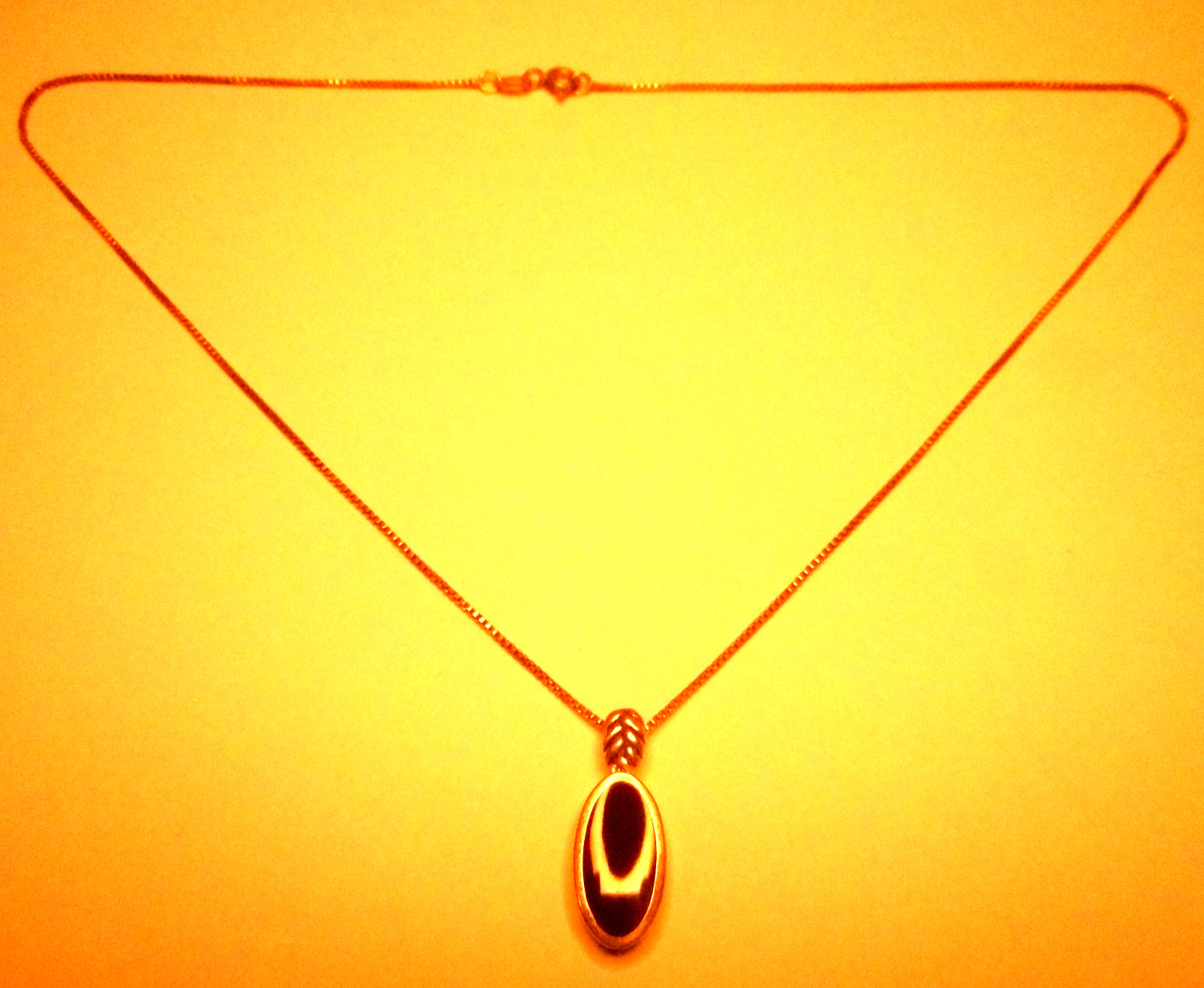 Vtg Sterling Silver Black Onyx Inlay Oval Pendant Chain Necklace 15/17″