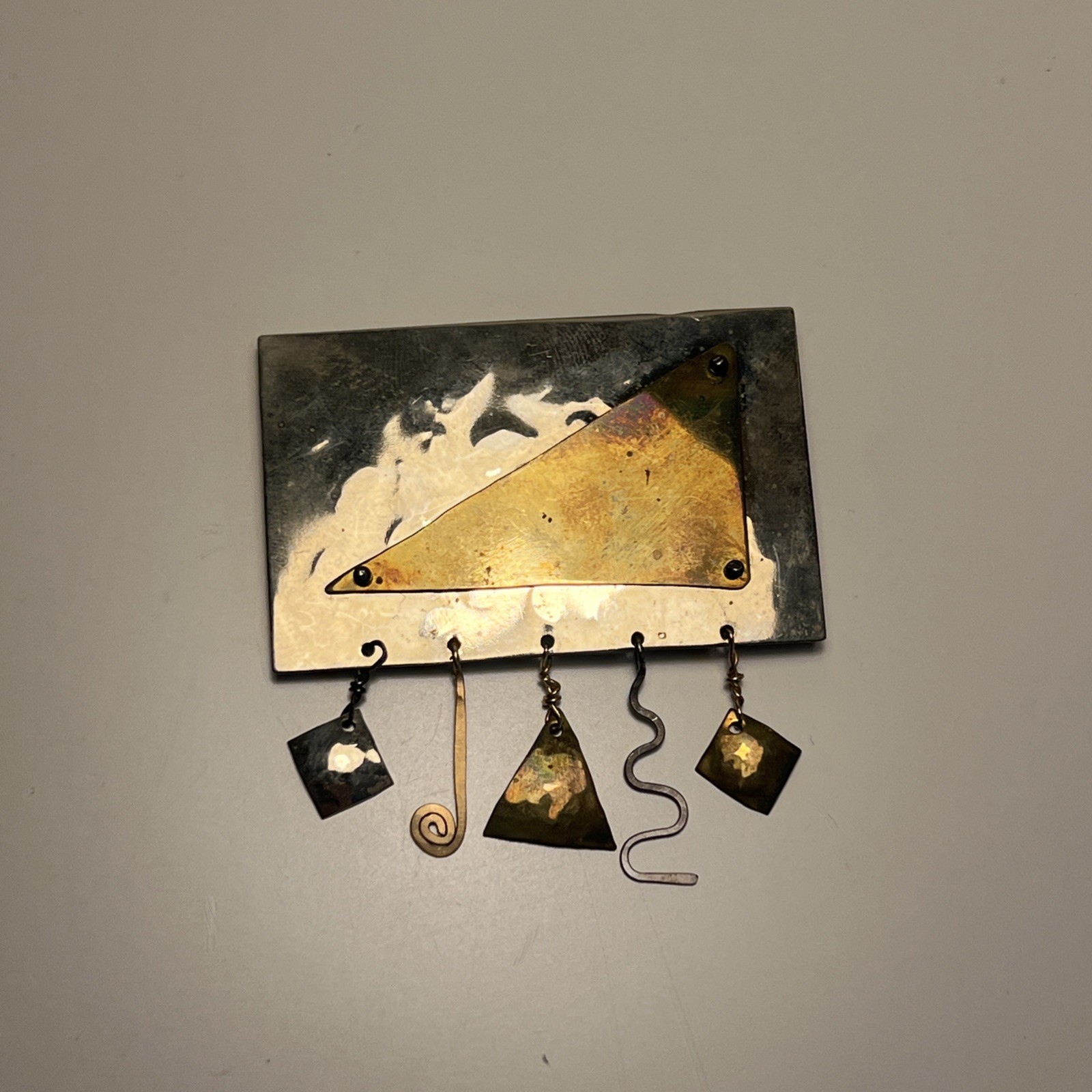 Vintage Signed AH Brooch Pin Jewelry Modernist Silver Gold Metal Charms Dangle