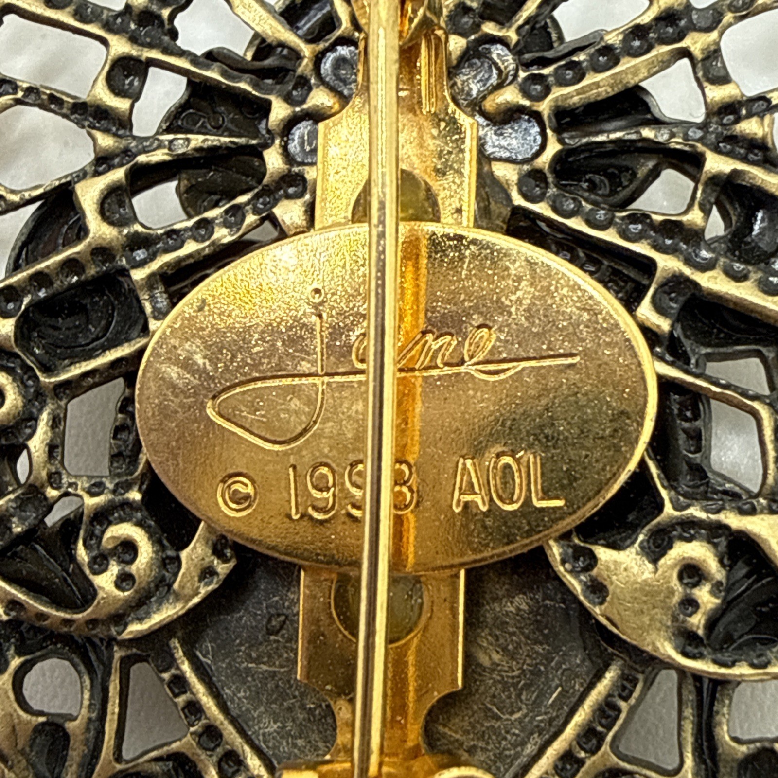 Vintage JANE Angel Brooches Ornate Bronze & Gold Tone Filigree Pins Lot of 2