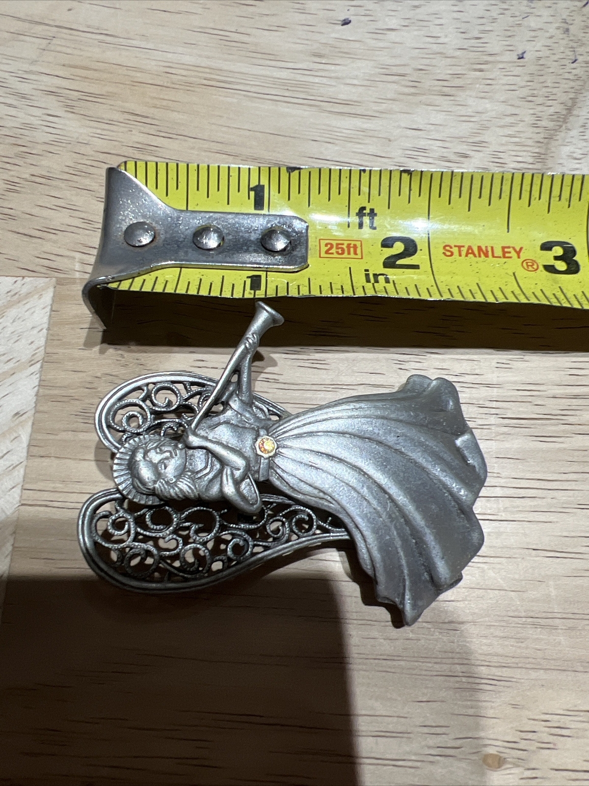 JJ Jonette Pewter Angel Brooch Pin Rhinestone Jewelry Vintage, Christmas.
