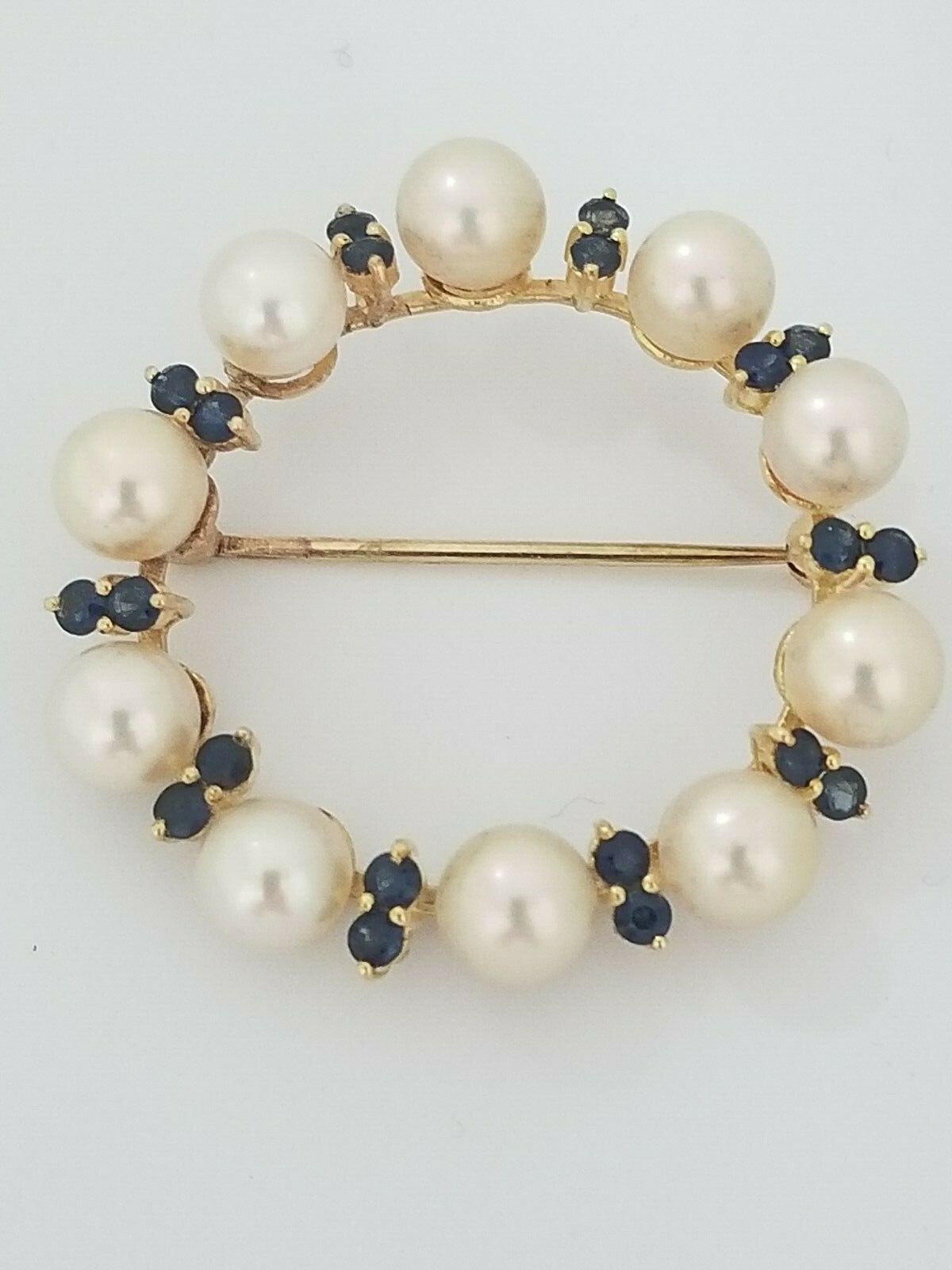 Vintage Antique 14k Yellow Gold Pearl And Blue Sapphire Brooch Pin 39 mm Round