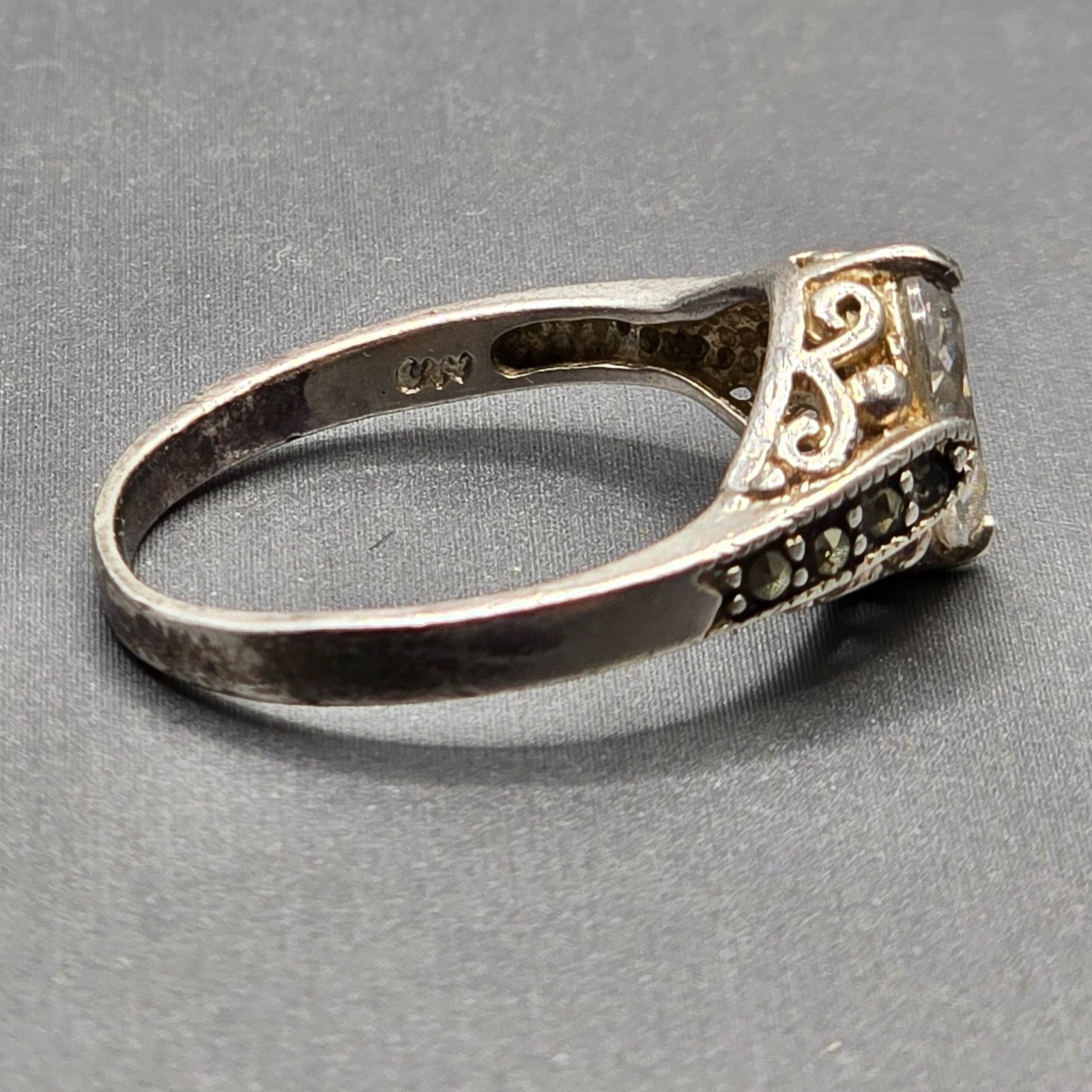 Vintage Art Deco Revival Sterling Silver Crystal Ring Size 8 Filigree Signed CW