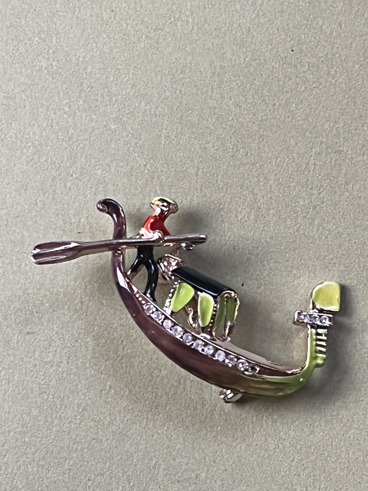Vintage LIme Green Black & Red Enamel Asian Fishing Boat Figural w Clear Rhinest