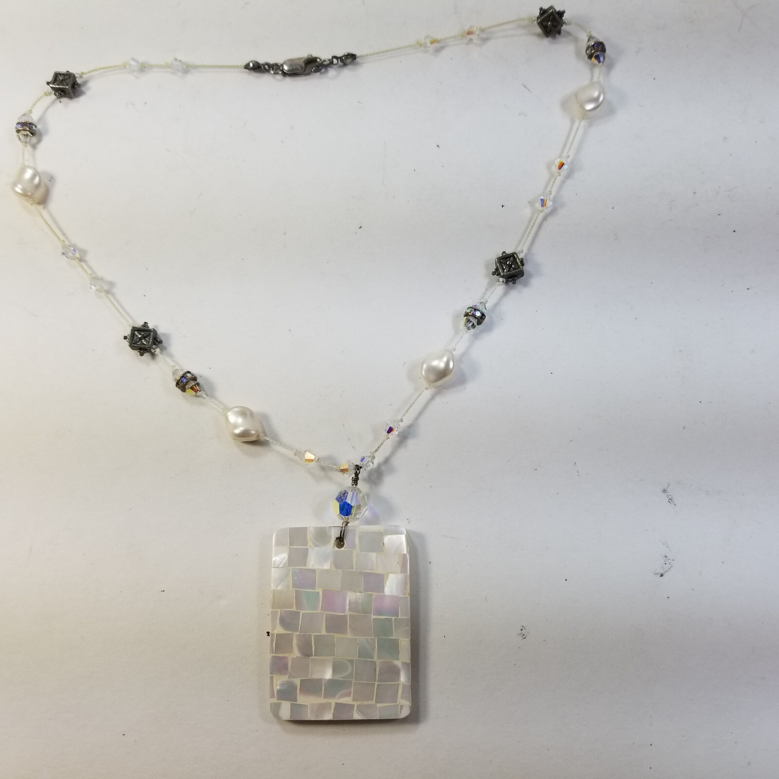 925 Sterling Silver Mother of Pearl Inlay Pendant/Necklace Choker Station 16.5″