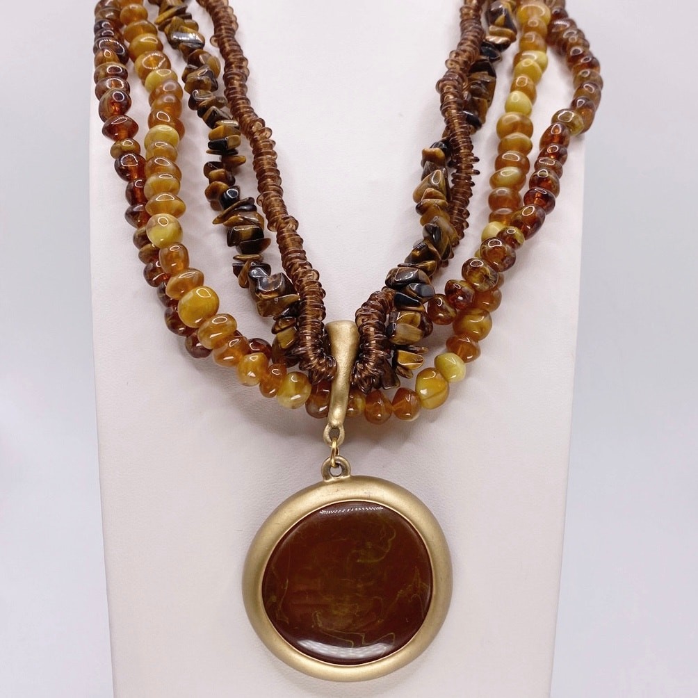 Vintage Amber Tone Lucite MultiStrand Necklace with Cabochon Pendant