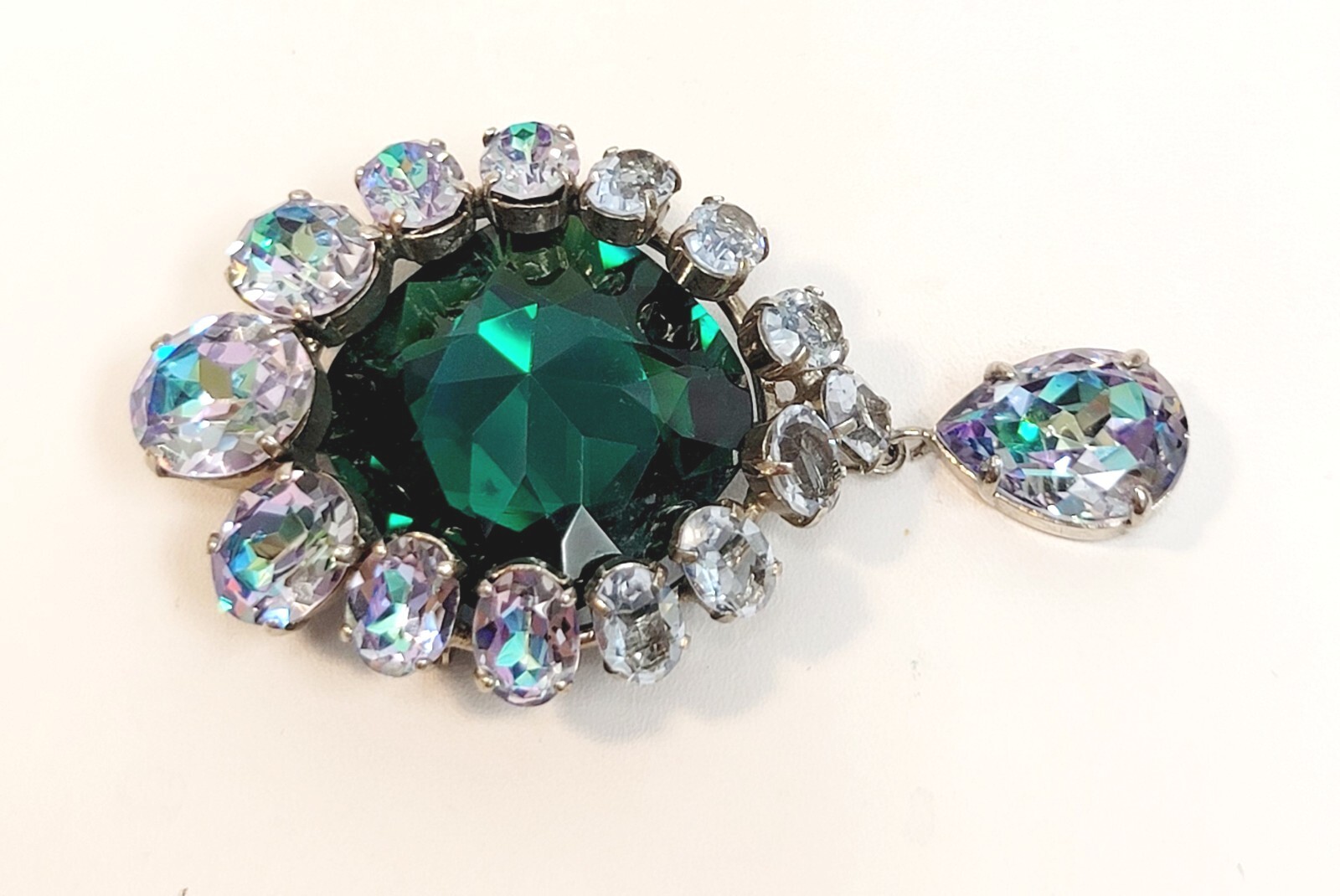 RJP Or CIS French Brooch Green Lavender Rhinestone Dangle Trombone Clasp