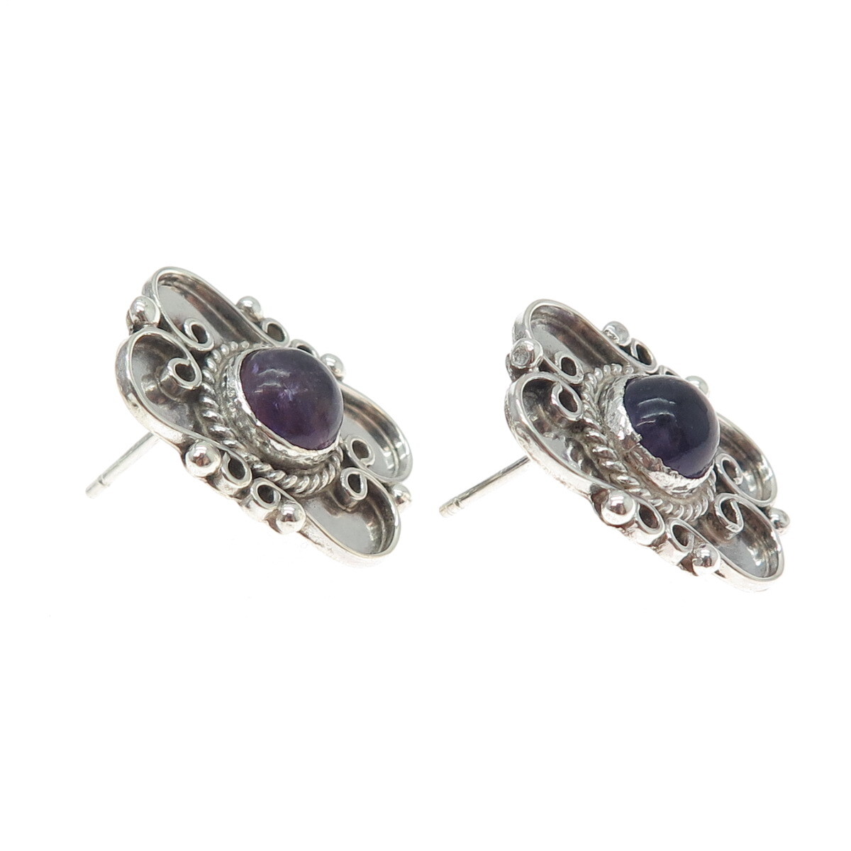 980 Silver Vintage Mexico Real Amethyst Modernist Oxidized Earrings