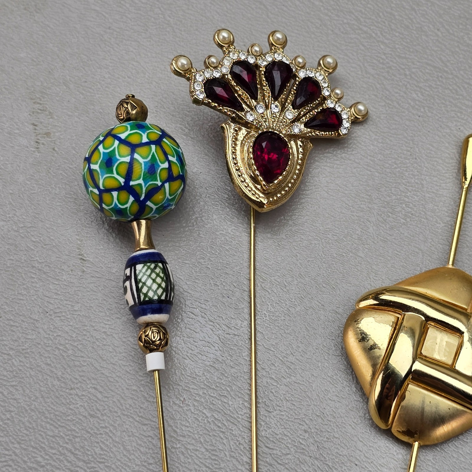 Vintage Hat Stick Pin Lot Gold Tone Rhinestone Cloisonne Art Deco Style Set 5