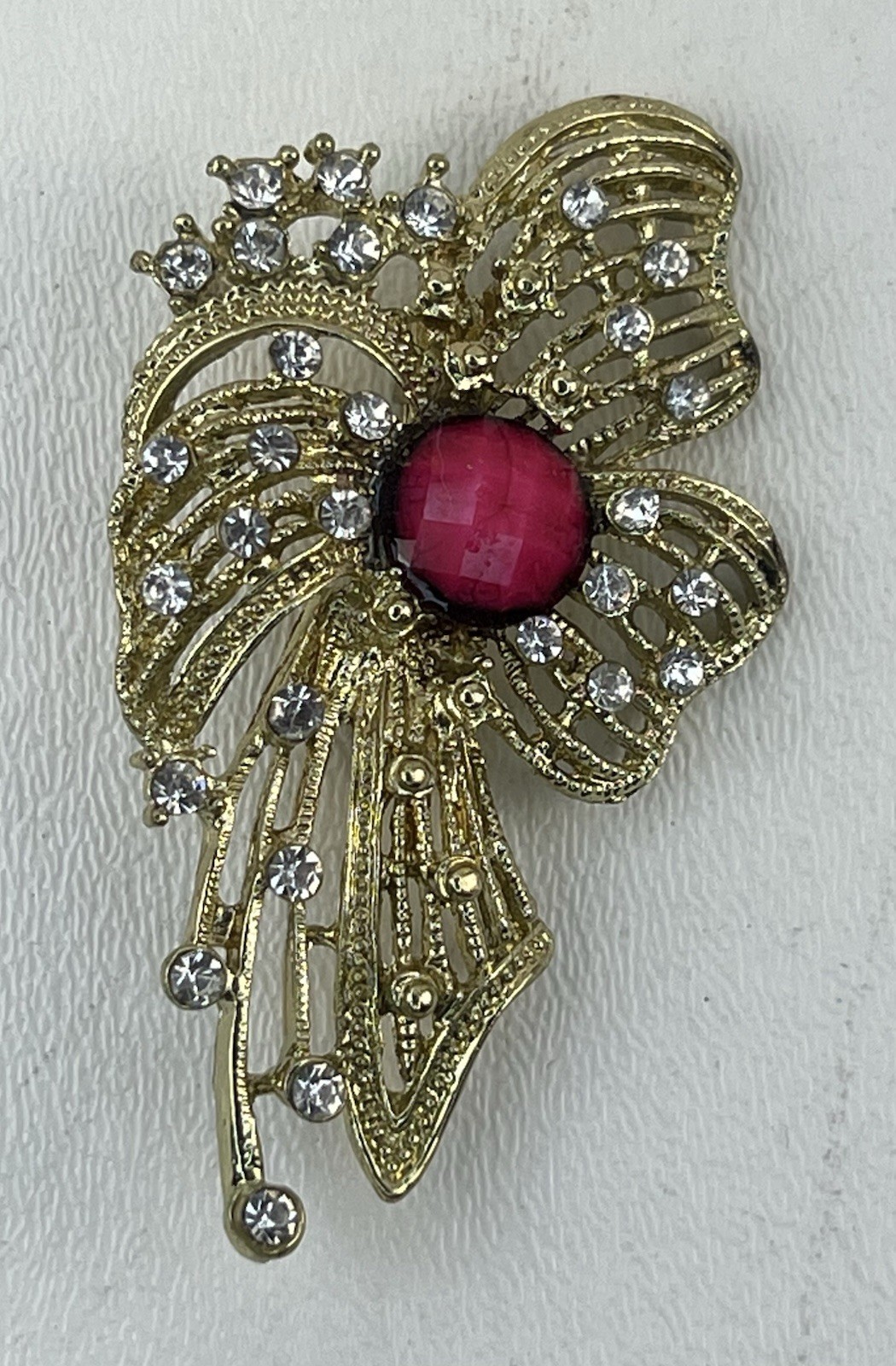 Bow Ribbons Brooch Pin Clear Rhinestones GoldTone Pink Red Stone Elegant Vintage