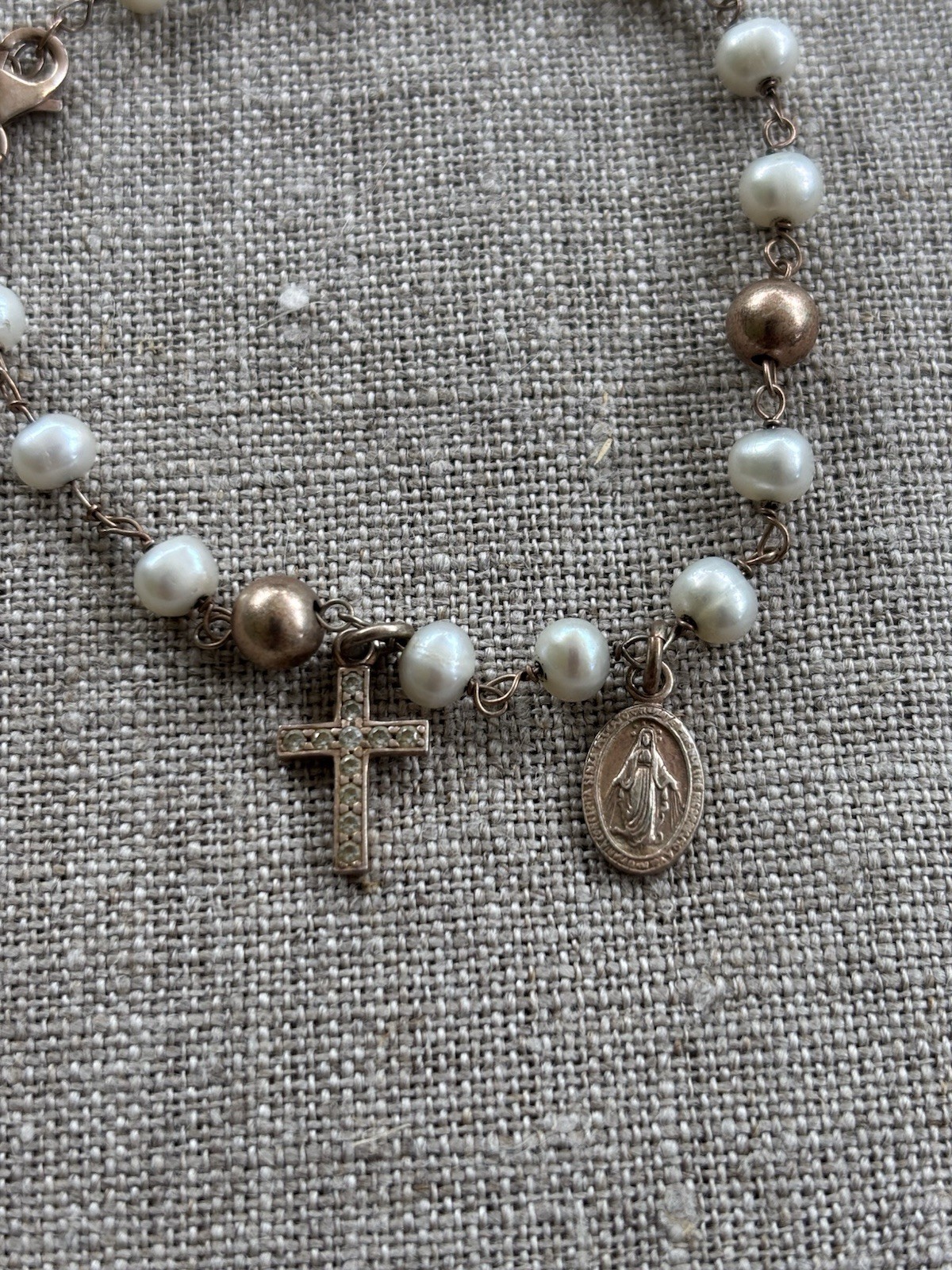 Vintage Dyadema Italy 925 Rosary Bracelet, Mary, Cross with Rhinestones 7″ to 8″