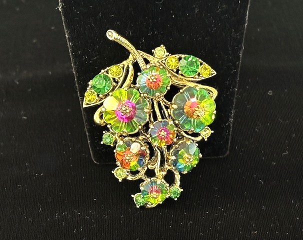 VTG Signed WEISS Gold Tn WATERMELON RIVOLI Rhinestone GRAPES CLUSTER Pin Brooch