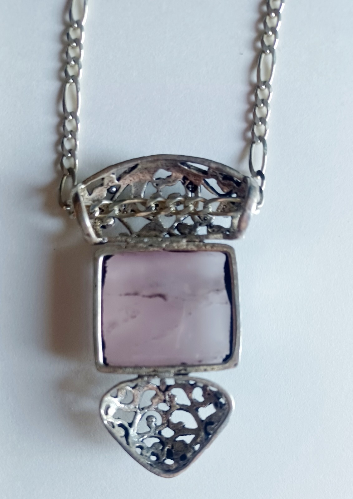 Rose Pink Natural Jadeite & Silver 925 Scrollwork Pendant Necklace