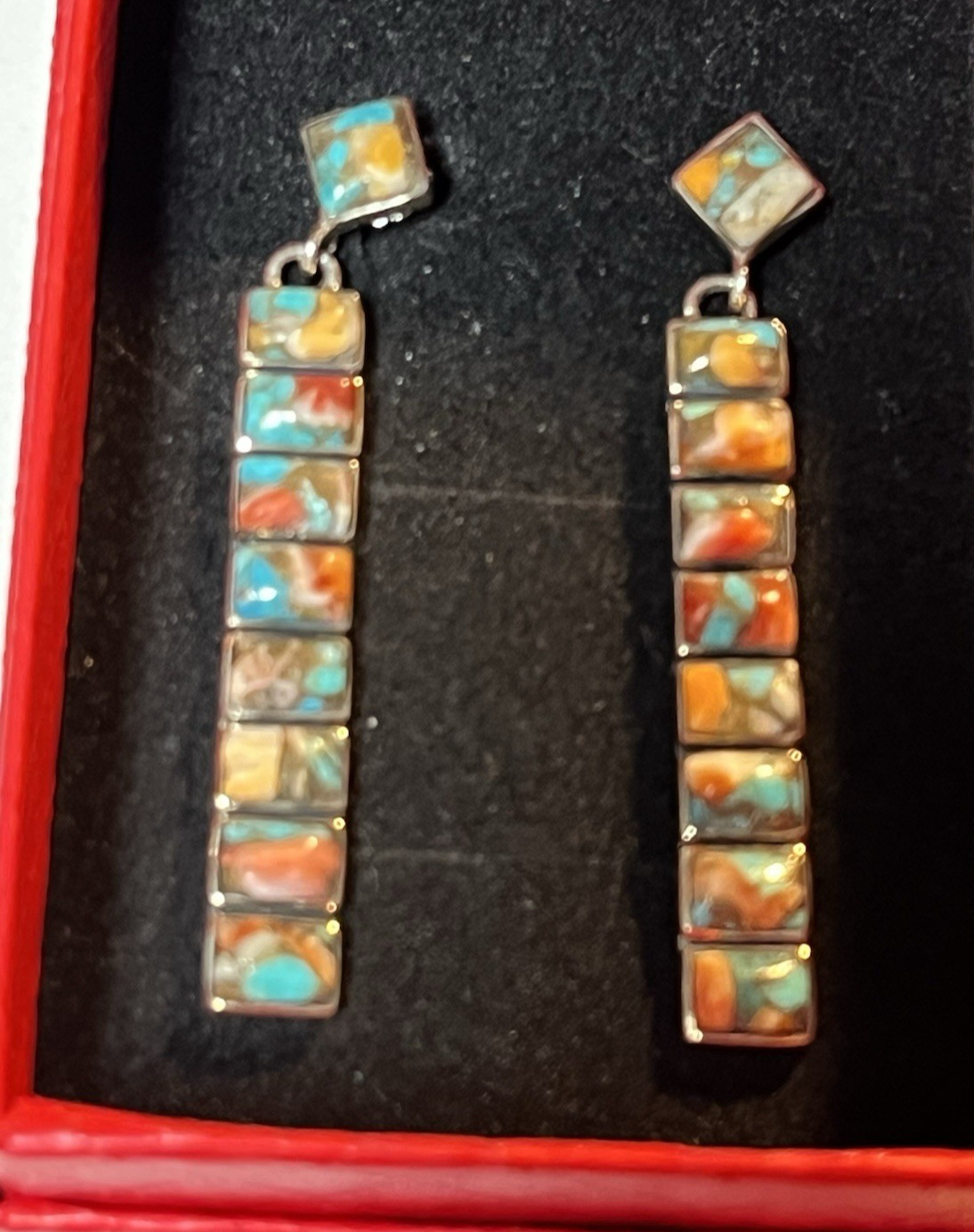 Vintage Sterling Silver Multicolor Drop Earrings 8 Rectanges &1 Rombus Shape 2″L
