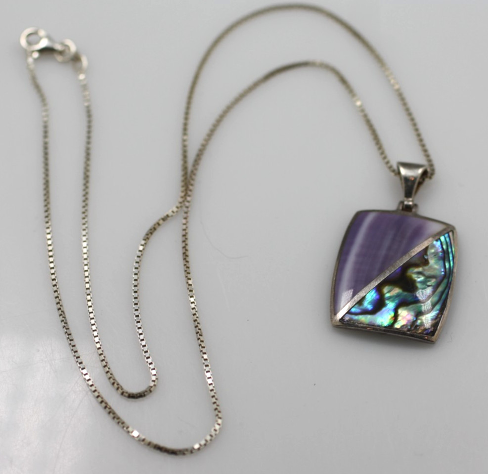 Purple stone & abalone shell pendant 925 Sterling Silver chain 20” Necklace
