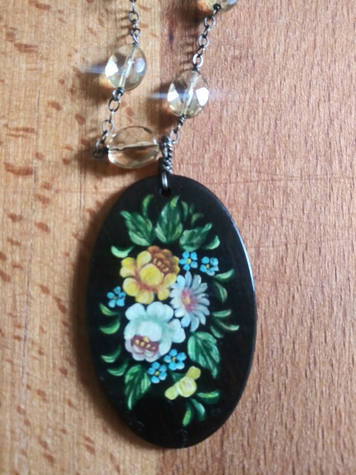 Gara Danielle Vintage Necklace with Handpainted Wood Medillion and Citrine Gems