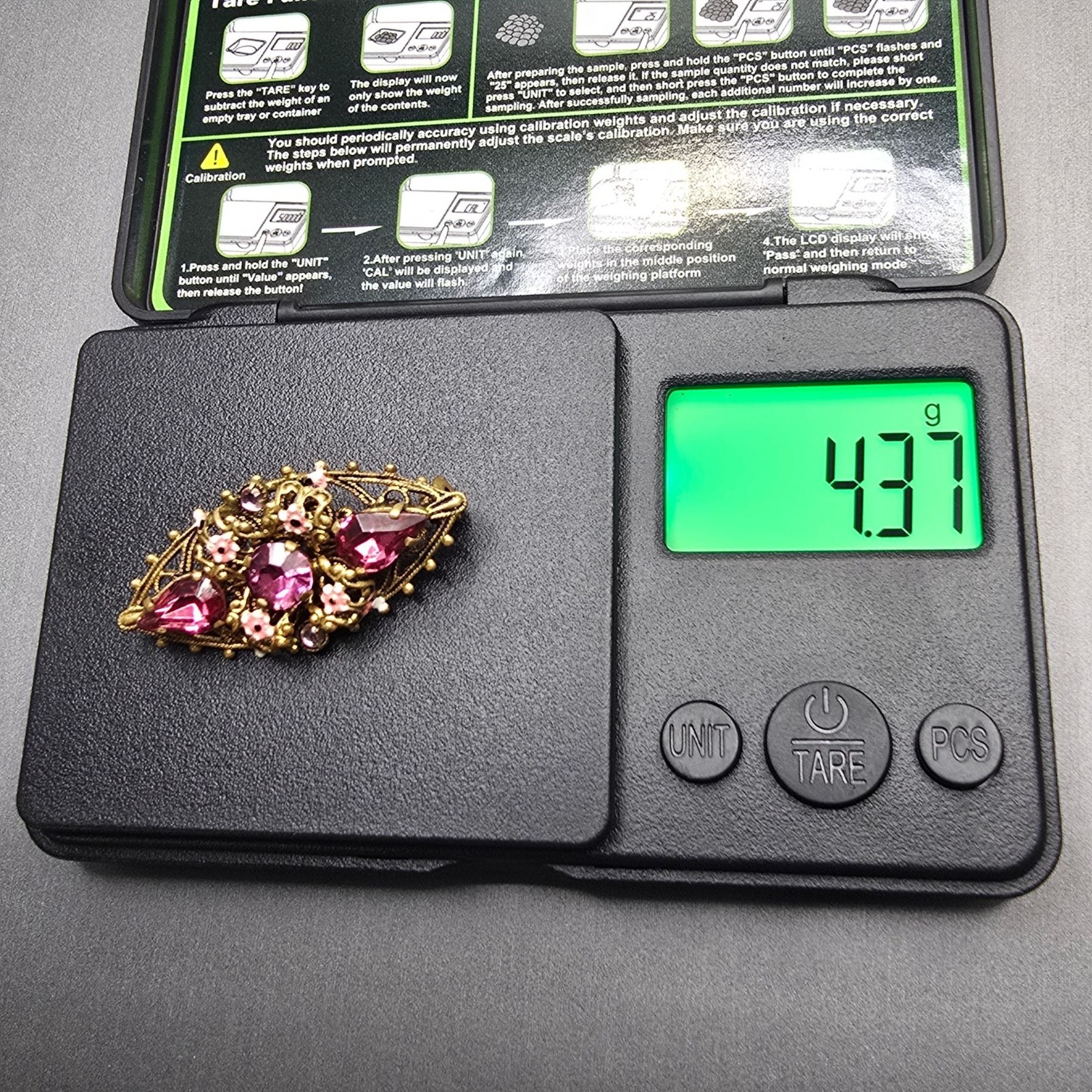VTG Czecho Pink Rhinestone Brooch 1.5″ Floral Enamel Gold Tone Pressed Metal
