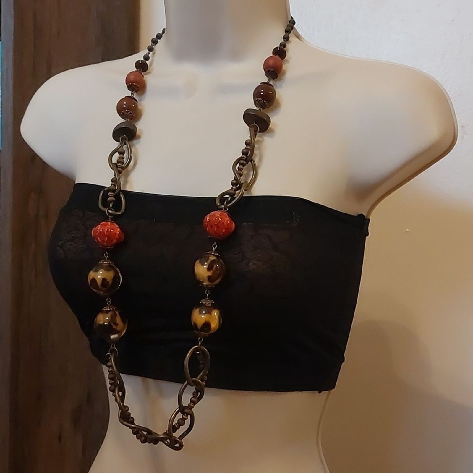 OOAK Unique Vintage Artisal Mixed Media Necklace Copper Wood Glass Ceramic