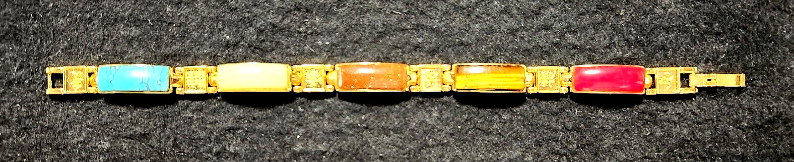 Vintage Chinese Jade Turquoise Tigers Eye Gold Tone Magnetic Link Bracelet 7.5″
