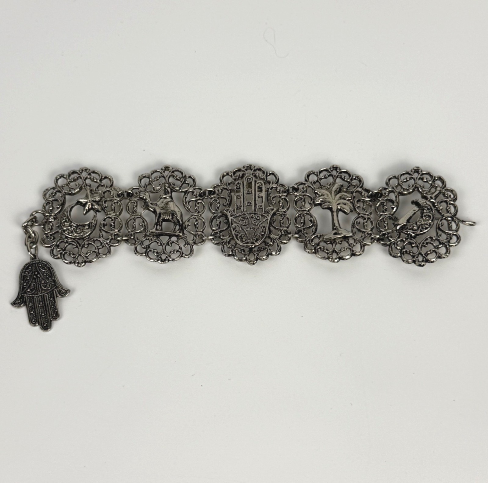 Vintage Silver-Tone Filigree Panel Bracelet De Maroc Morocco Boho Souvenir