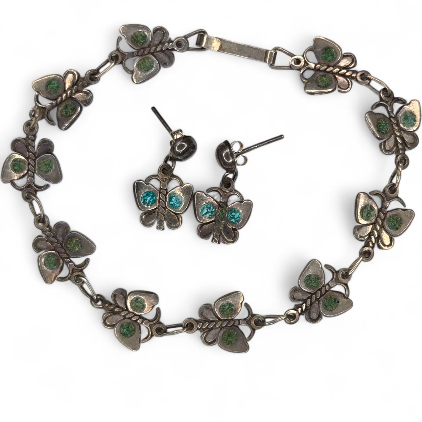 Vintage Mexico Sterling Silver Turquoise Chip Inlay Butterfly Bracelet Earrings